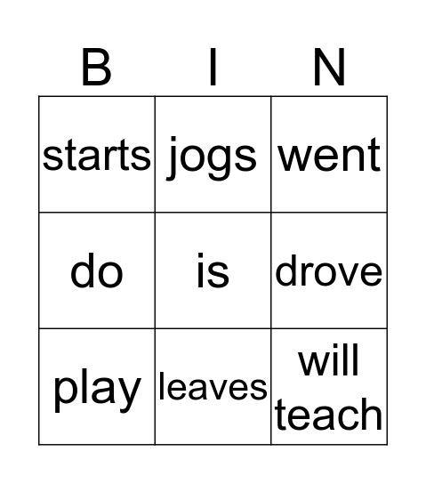 Verb tense Bingo Card
