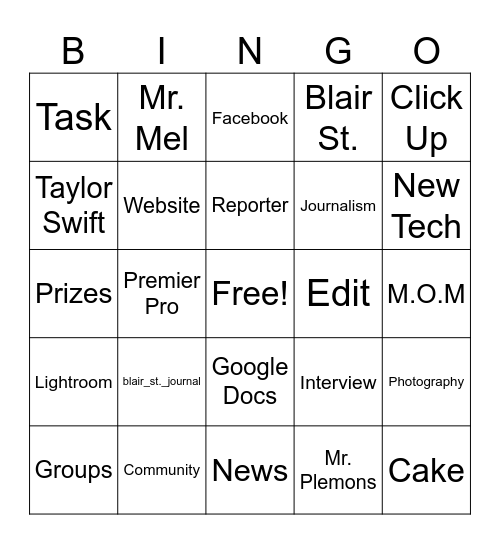 Blair St. Journal The Bingo Card Bingo Card