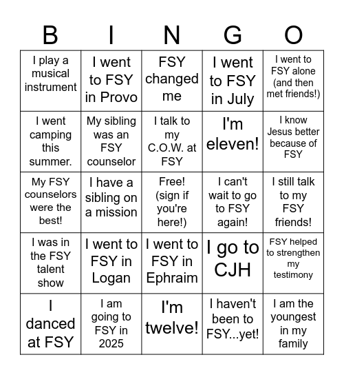 FSY BINGO Card