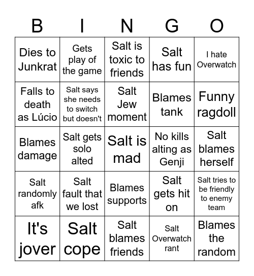 Salt Overwatch Bingo Card