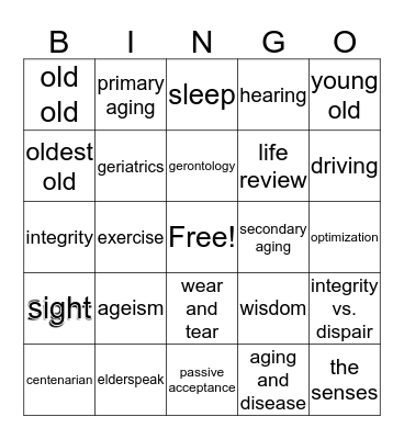 Late Adulthood Bingo Card