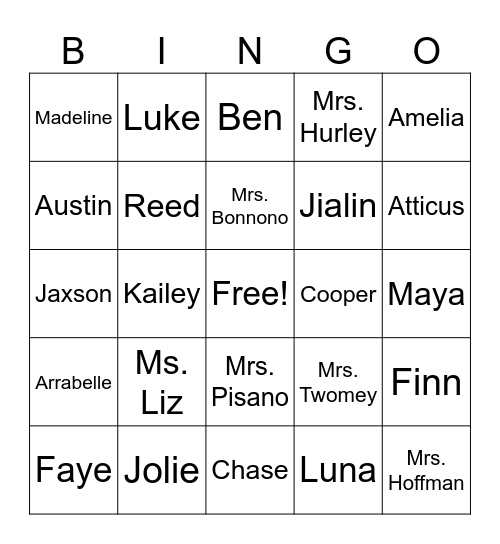 Kindergarten Name Bingo Card