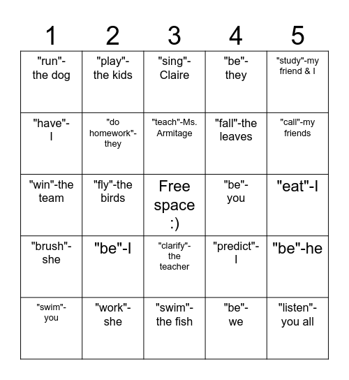 Subject/Verb Agreement Bingo Card