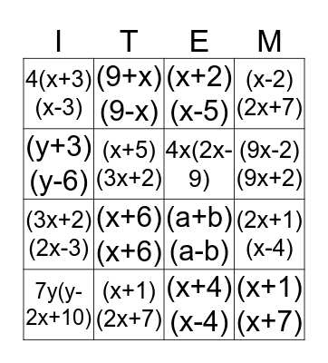 Algebra 1 Factoring Bingo Card