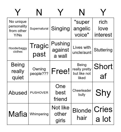 Y/N slander bingo Card