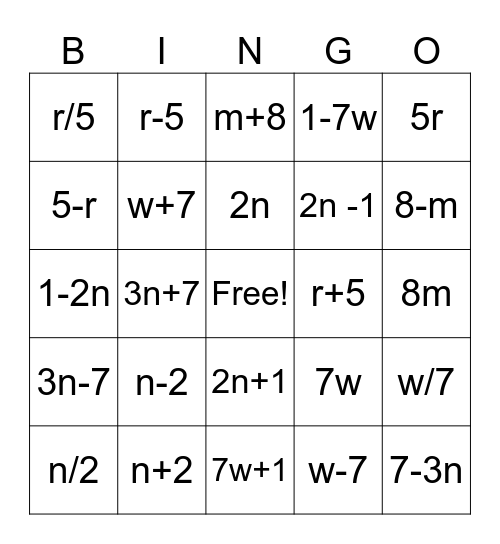 expressions Bingo Card