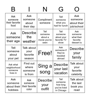 Language Exchange Bingo Card
