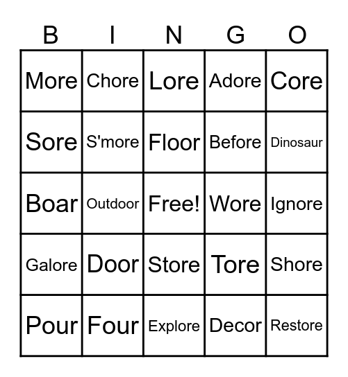 Ending R Words Bingo Card