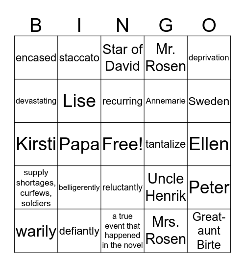 Number the Stars Bingo Card