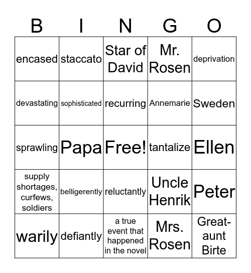 Number the Stars Bingo Card