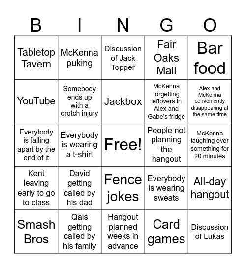 Hangout Bingo Card