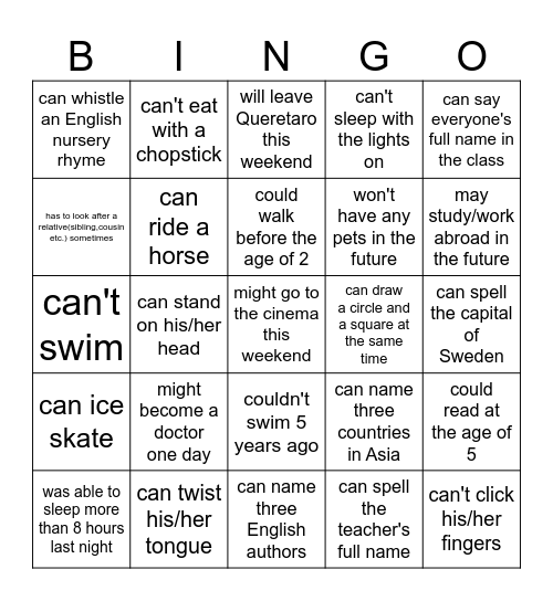 Modal verbs bingo Card