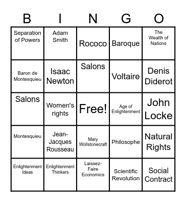 European Enlightenment Bingo Card