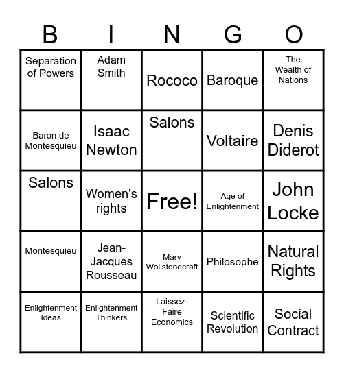 European Enlightenment Bingo Card