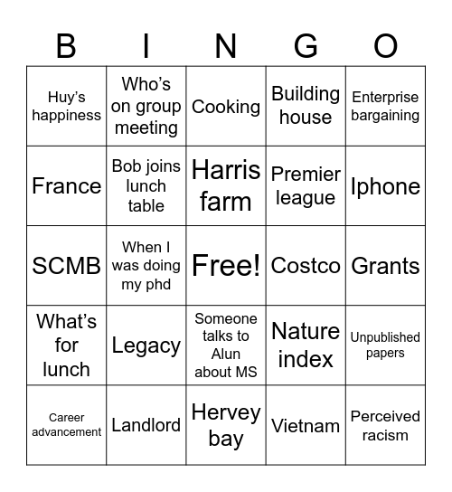Lunch table bingo Card