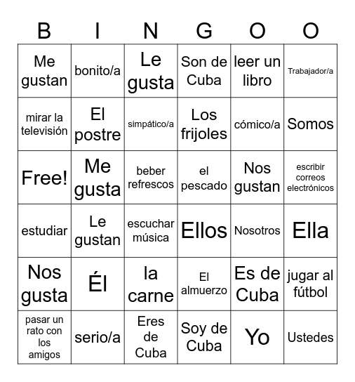 Avancemos 2 Preliminary Bingo Card