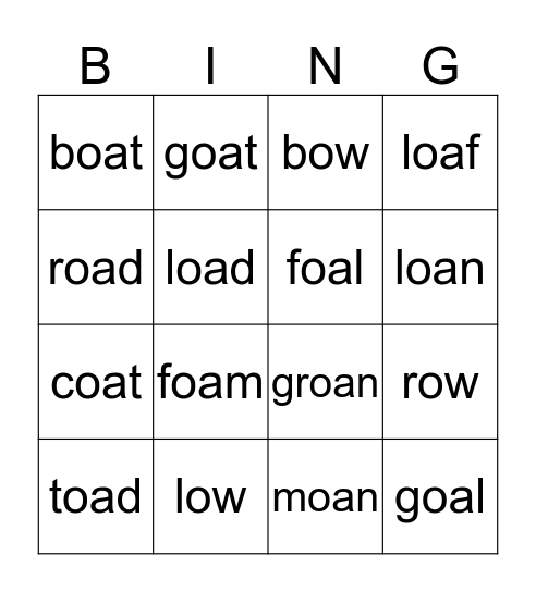 Oa/Ow Words Bingo Card