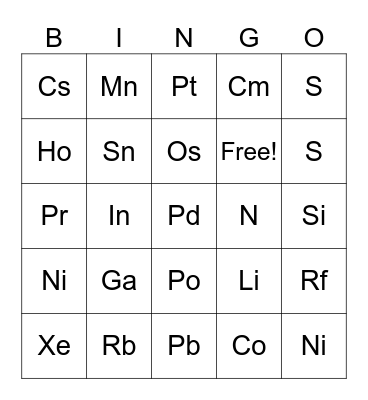 Periodic Table of Elements #1-36 Bingo Card