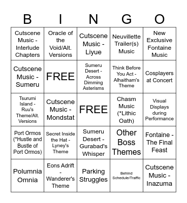 Genshin 2023 Concert Bingo Card