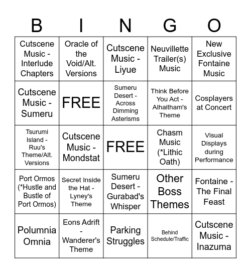 Genshin 2023 Concert Bingo Card