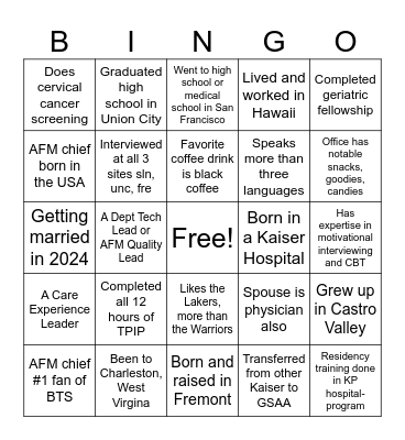 AFM New Physician  B-I-N-G-O Bingo Card