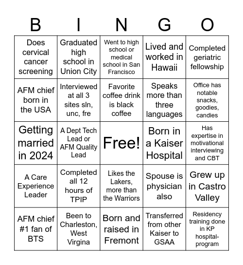 AFM New Physician  B-I-N-G-O Bingo Card