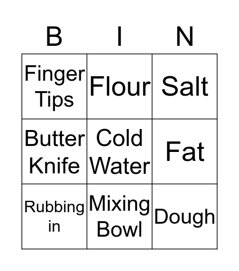 Short Crust Pastry  Bingo Card