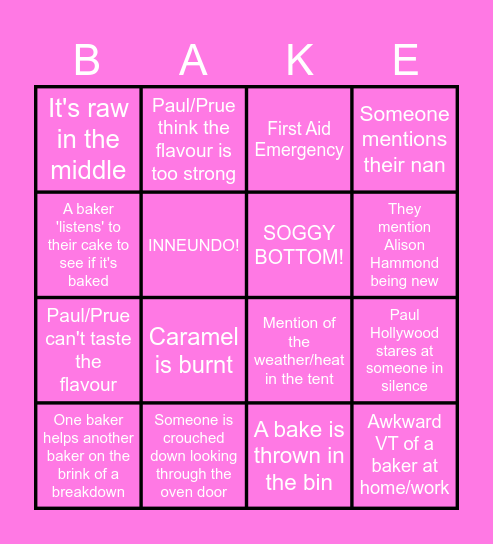 Bake-Off Bingo Card