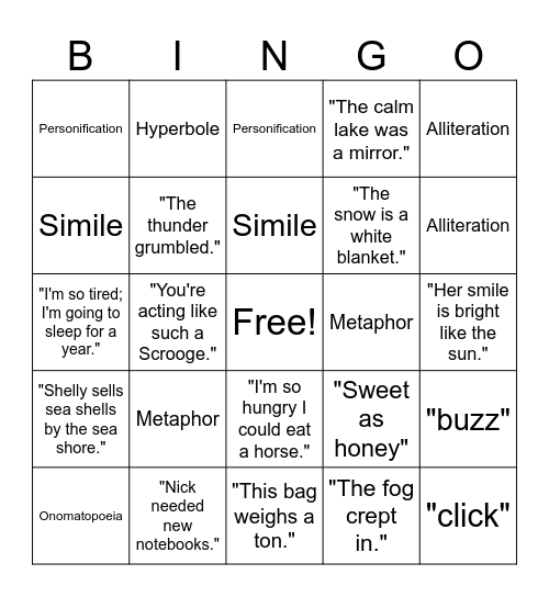 Figures of Speech Bingo Card
