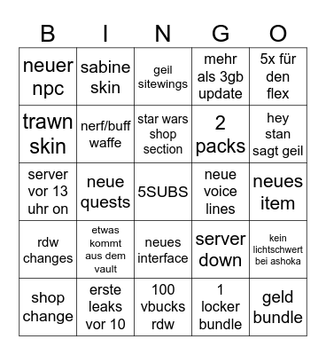 Fortnite Bingo Card