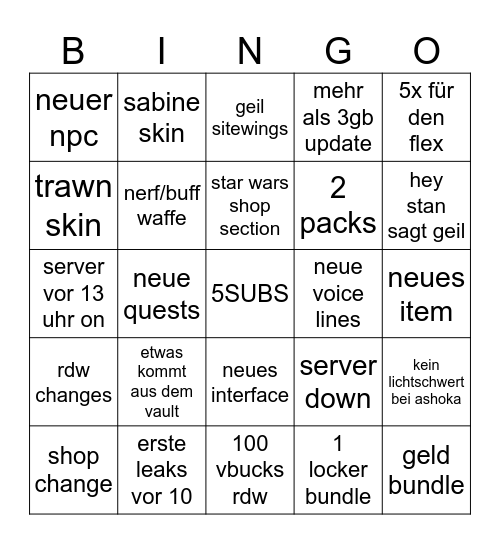 Fortnite Bingo Card