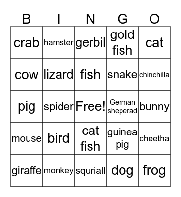 animal bingo Card