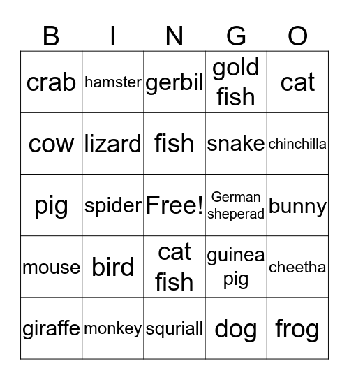 animal bingo Card