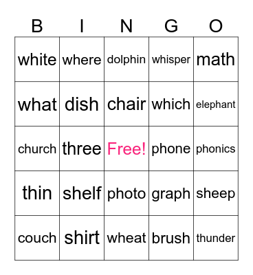 sh, ph, ch, wh, th words Bingo Card