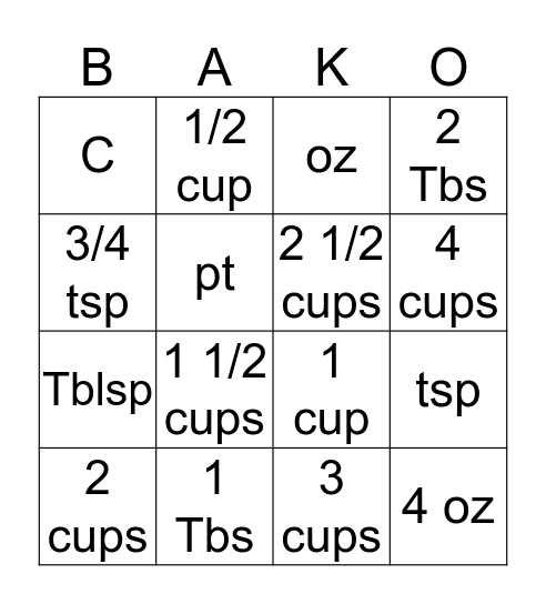 BAKO Bingo Card