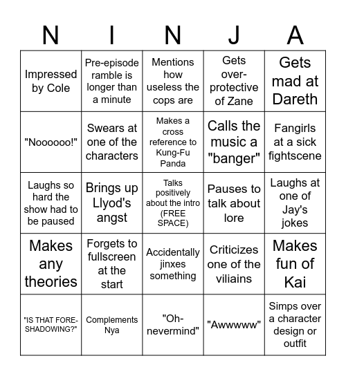 Ninjago Reaction Bingo Card
