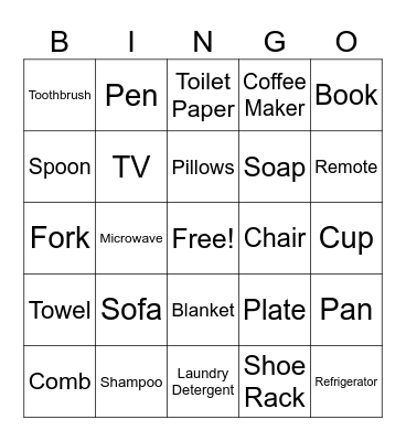 Household Items Bingo Card