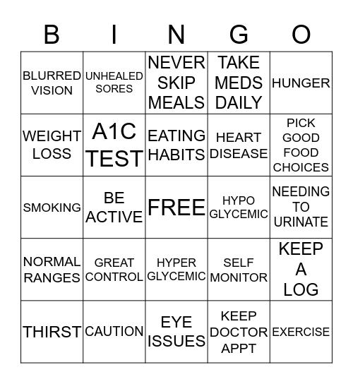 MANAGING DIABETES Bingo Card
