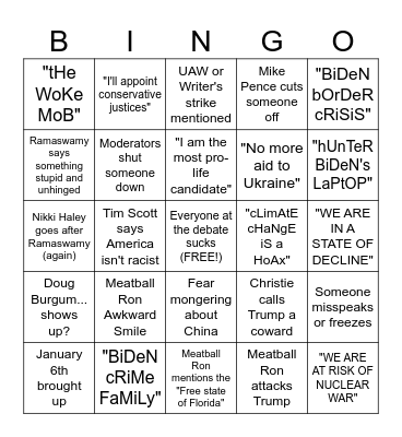 GOP Debate Shenanigans Bingo Card