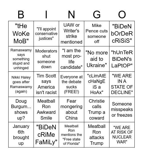 GOP Debate Shenanigans Bingo Card