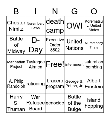 WWII Bingo Card