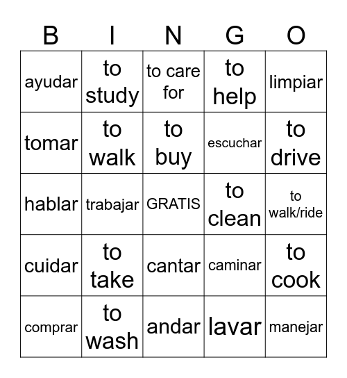 -ar vocabulario Bingo Card