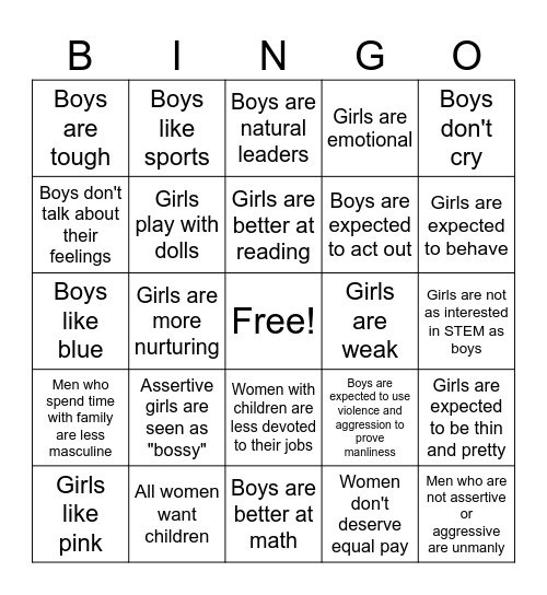 Gender Stereotype BINGO Card
