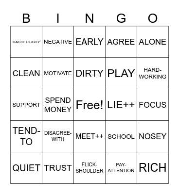 Personality Bingo Card