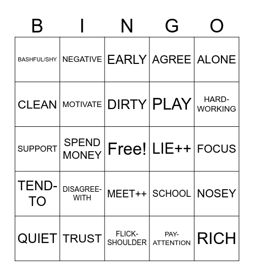 Personality Bingo Card