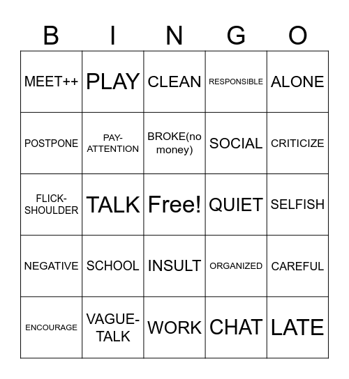 Personality Bingo Card