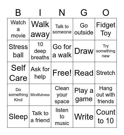 Coping Skill Bingo Card