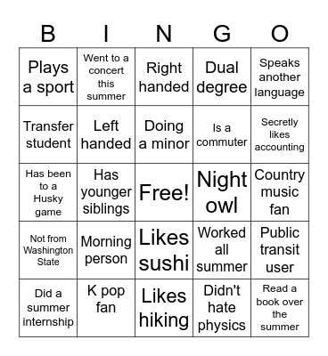 Get to know your classmates Bingo Card