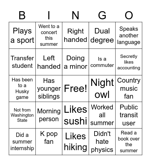 Get to know your classmates Bingo Card