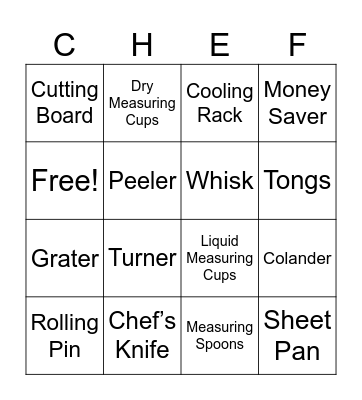 Kitchen Equipment Bingo Card